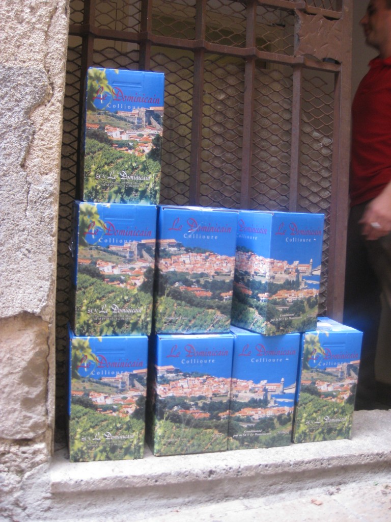 Boxes of wine delivered to a café in Collioure, France