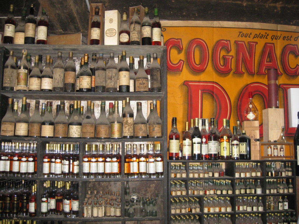 Historic bottles of Cognac on display in Cognac, France