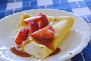 Crêpes with Caramel Sauce, Strawberries, and Mascarpone Cream