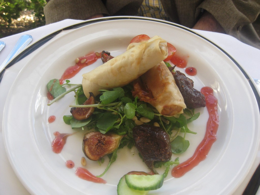 Pulled duck spring rolls, with fresh figs.