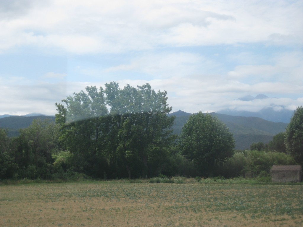 View from the train, up the Têt Valley, between two mountain ranges. 